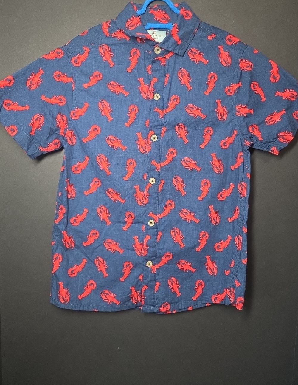 Button-Down Kids Shirt in Navy with Red Lobster Print